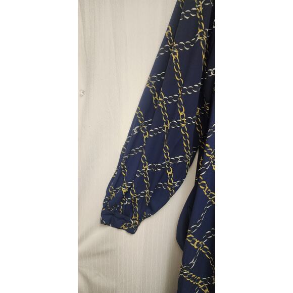 WHO WHAT WHERE Blue/Gold Chain Print Long Sleeve High Collar Dress Size XS - Picture 9 of 10